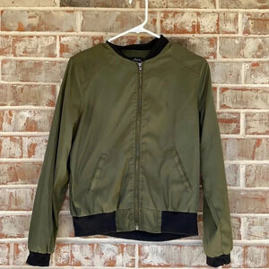Justify Olive Green Full Zip Black Trimmed Bomber Jacket